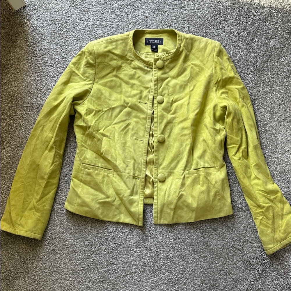 Jones New York Chartreuse Green Collarless Jacket Leather